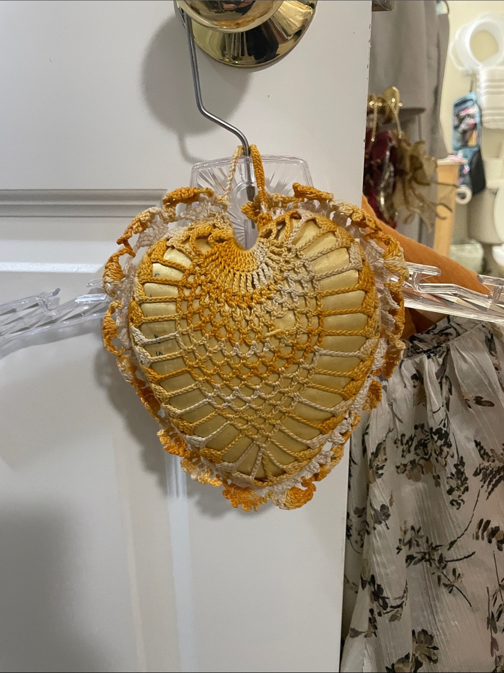 vintage Handmade Yellow Crochet Heart Wall pin cushion for sewing